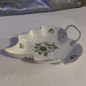 Hollohaza Hungary White  and Green  Leaf Hand Painted Dish Bowl With Gol…